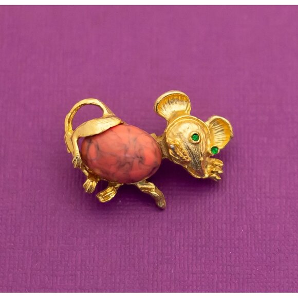 Vintage Mouse Stone Gold Tone Brooch - Q4 - Picture 1 of 3